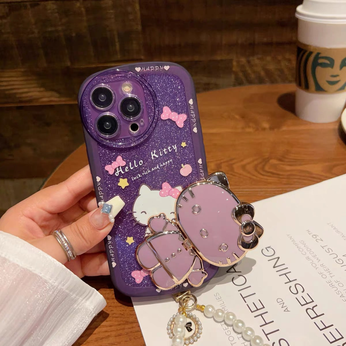 Cartoon Hello Kitty Phone Case with Mirror, Kickstand, and Wrist Strap