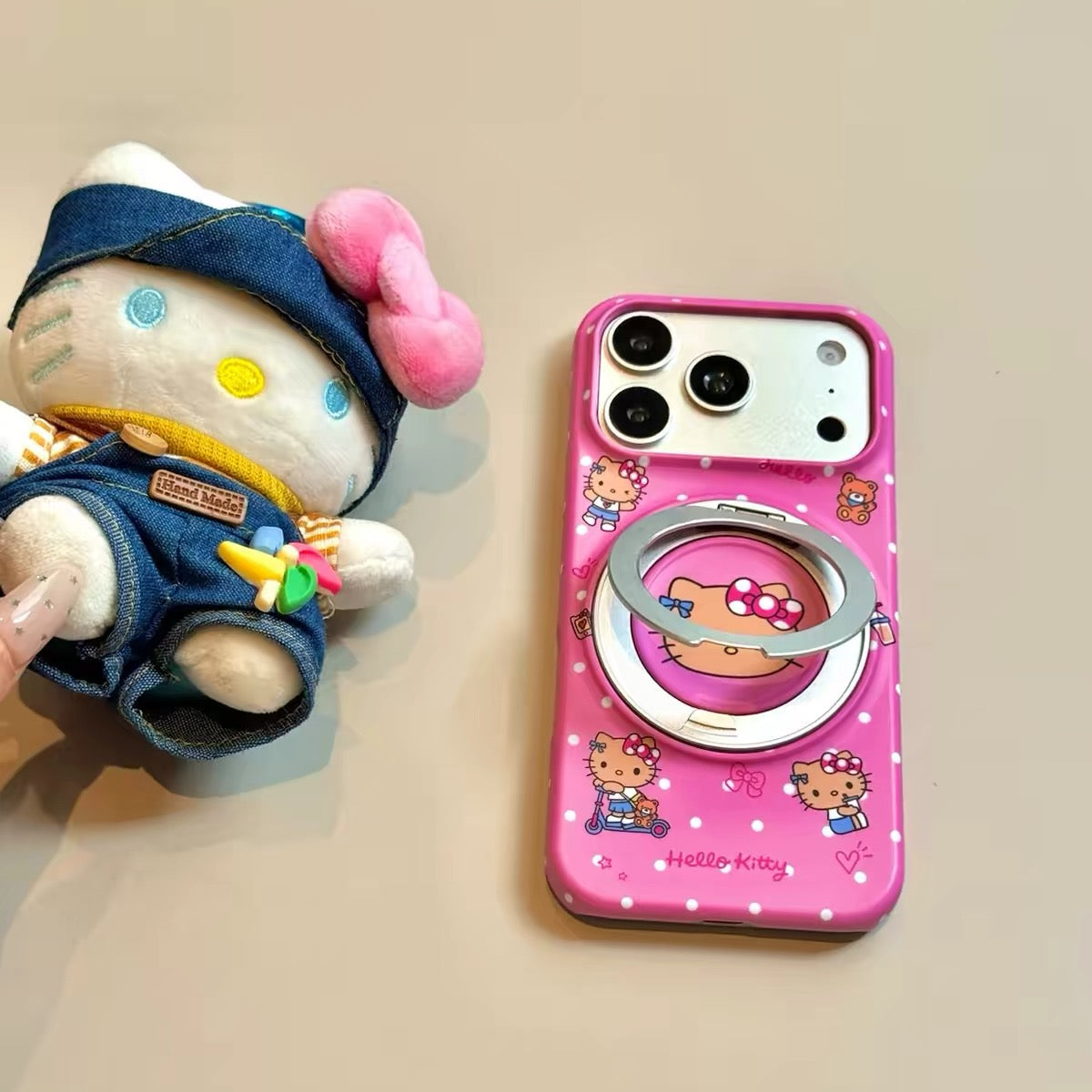 Cute Black Faux-Leather Cat Phone Case with 360° Magnetic Stand (Leopard Print)