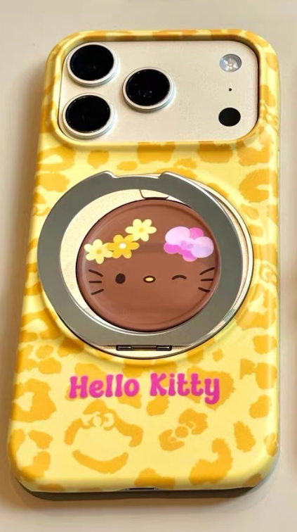 Cute Black Faux-Leather Cat Phone Case with 360° Magnetic Stand (Leopard Print)