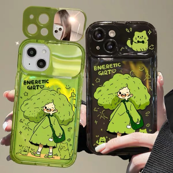 Green-haired girl mirror-lid phone case with charm