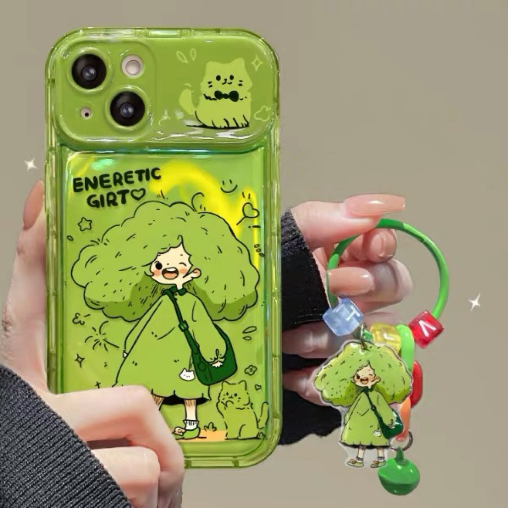 Green-haired girl mirror-lid phone case with charm