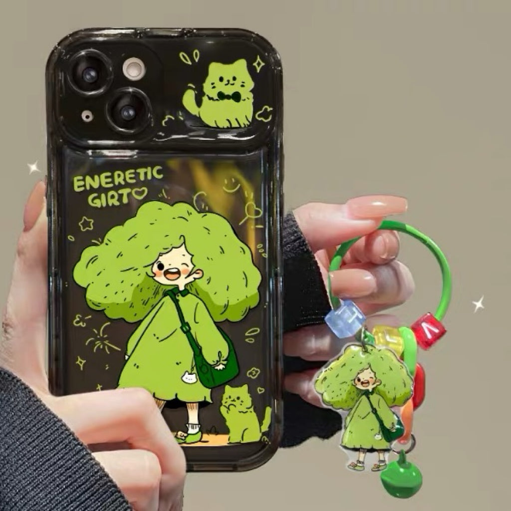 Green-haired girl mirror-lid phone case with charm