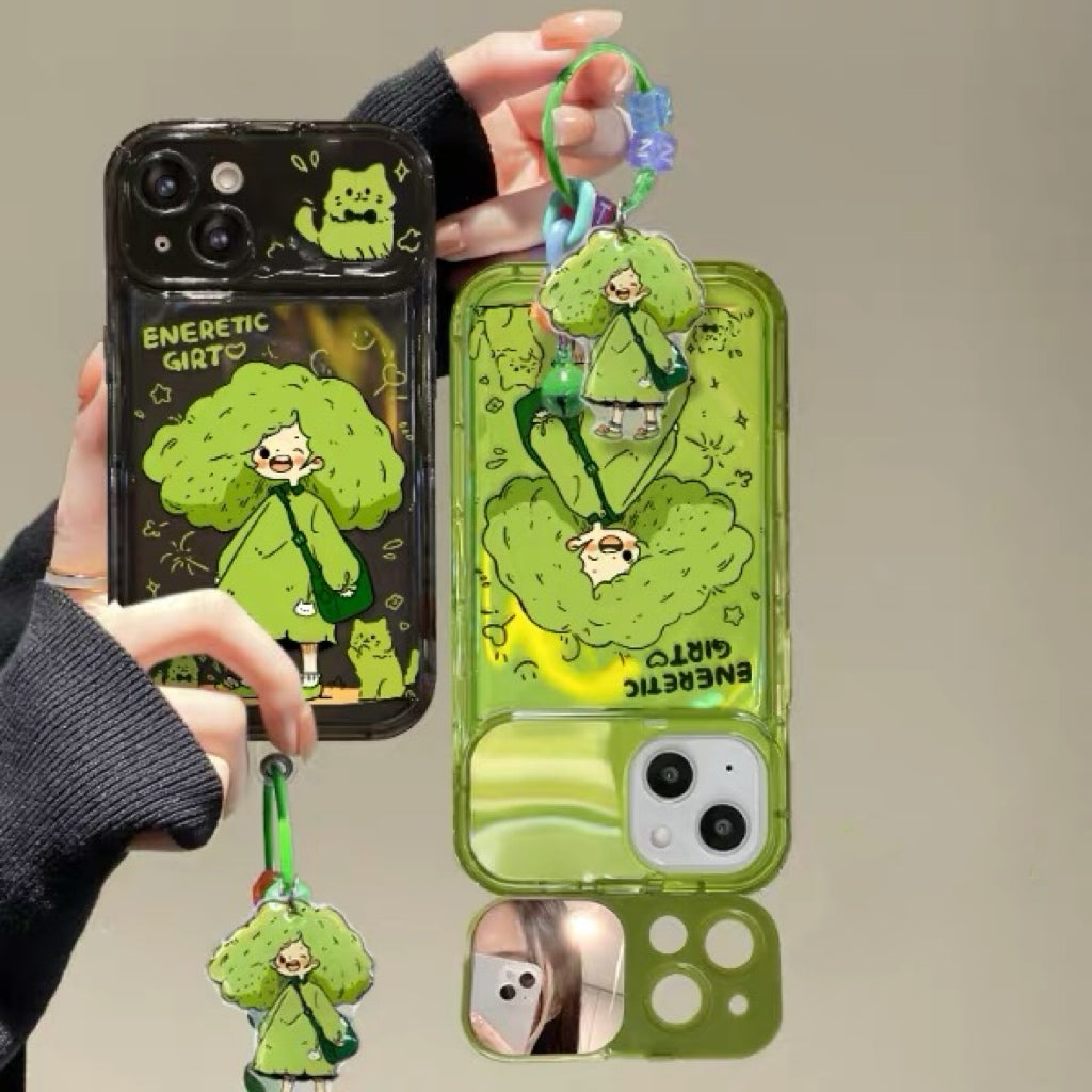Green-haired girl mirror-lid phone case with charm