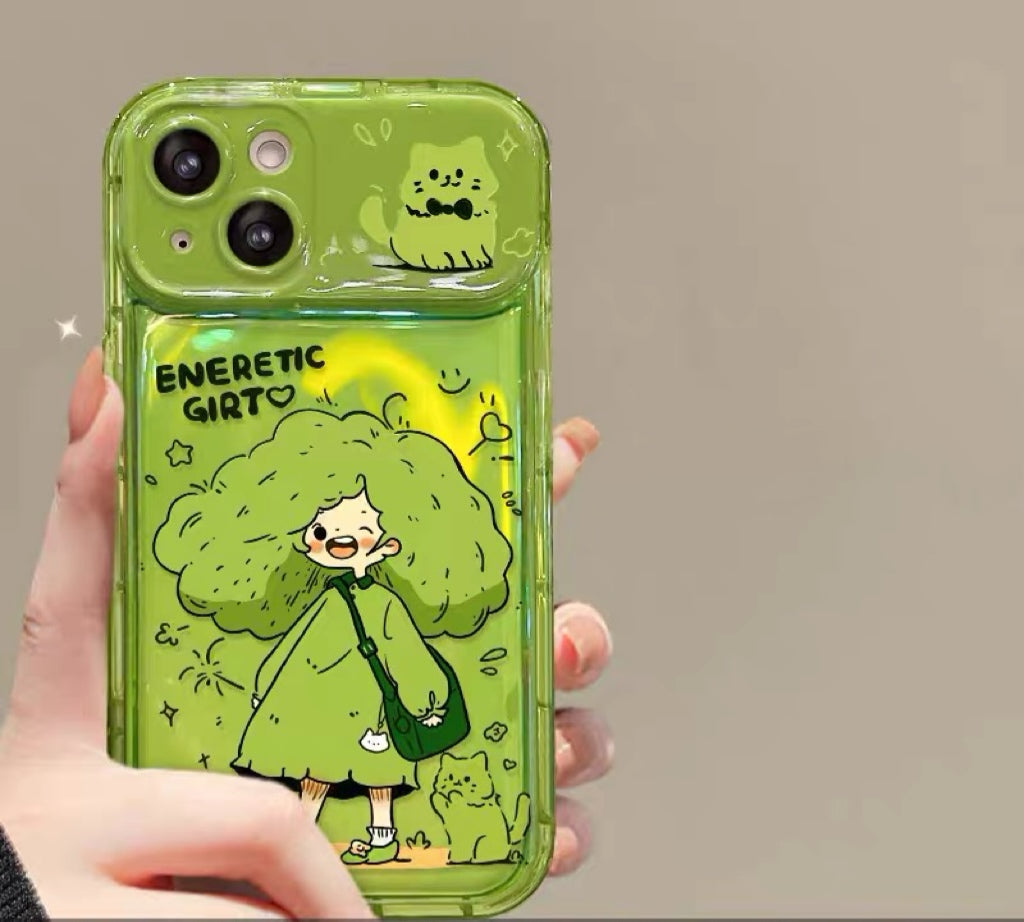 Green-haired girl mirror-lid phone case with charm