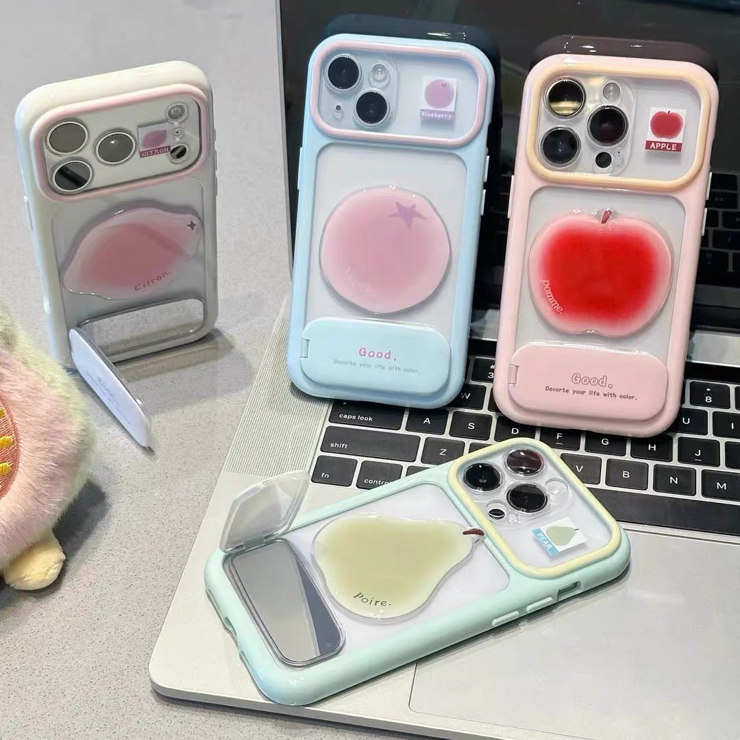 Phone case with a mirror stand and 3D fruit embellishments
