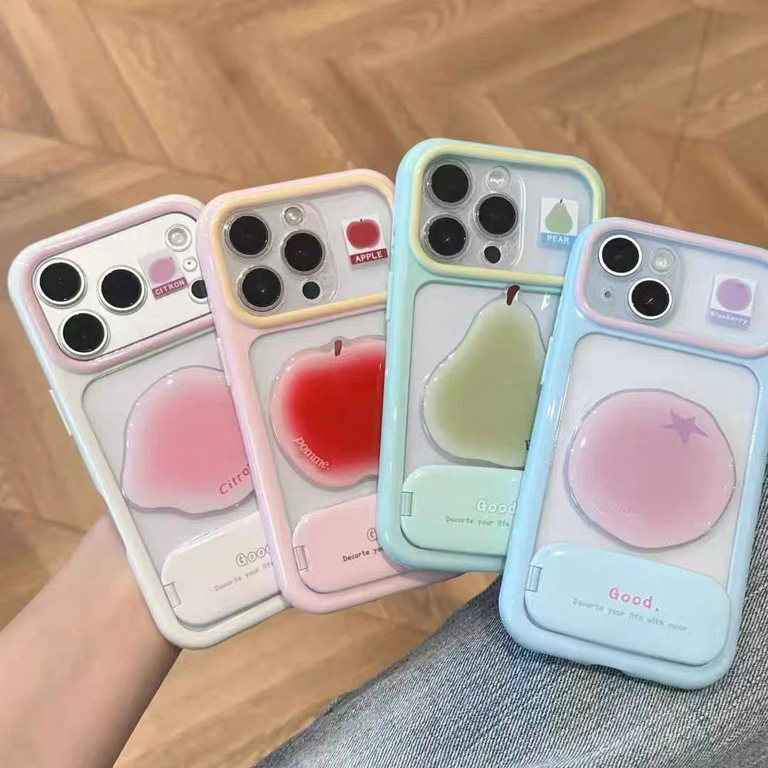 Phone case with a mirror stand and 3D fruit embellishments