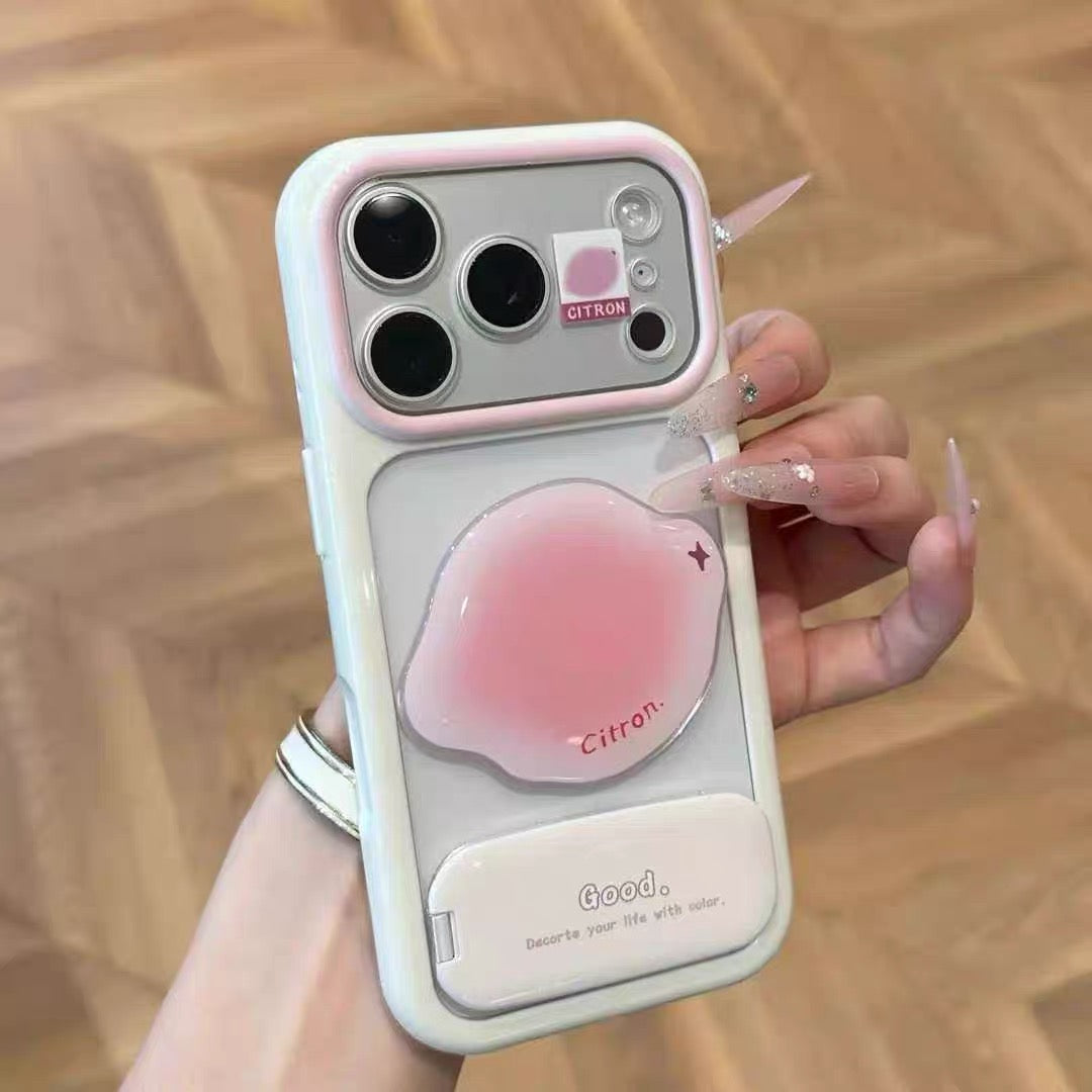 Phone case with a mirror stand and 3D fruit embellishments