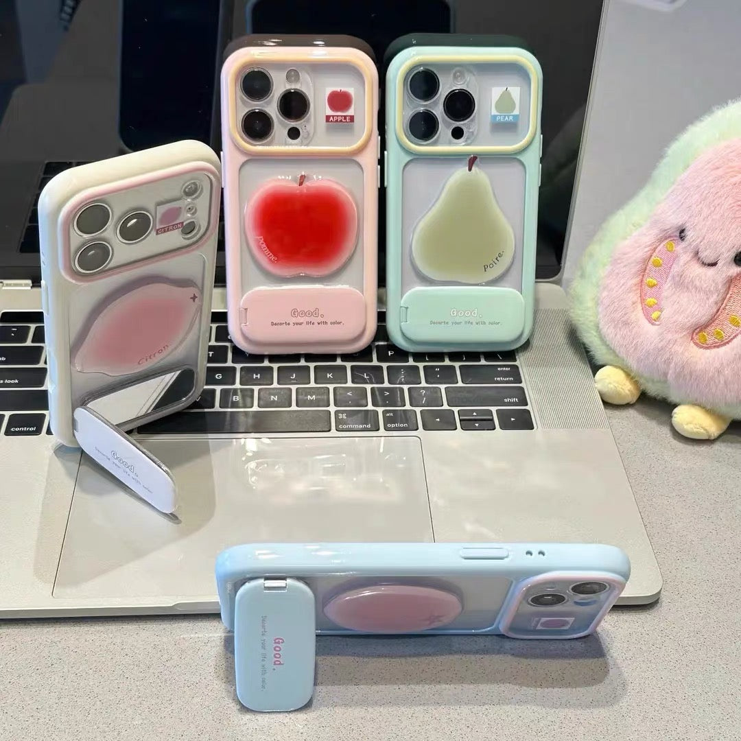 Phone case with a mirror stand and 3D fruit embellishments