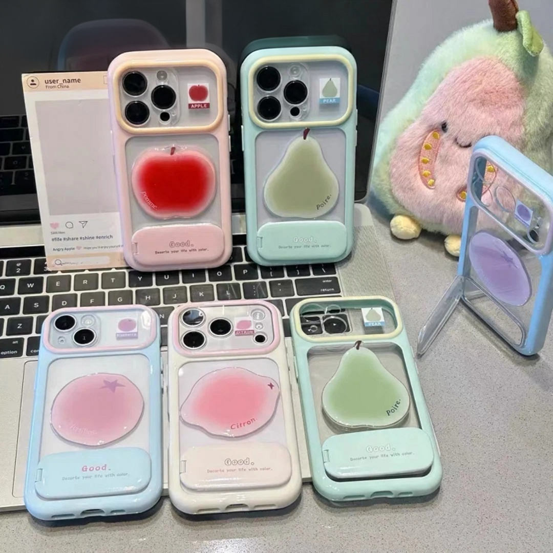 Phone case with a mirror stand and 3D fruit embellishments