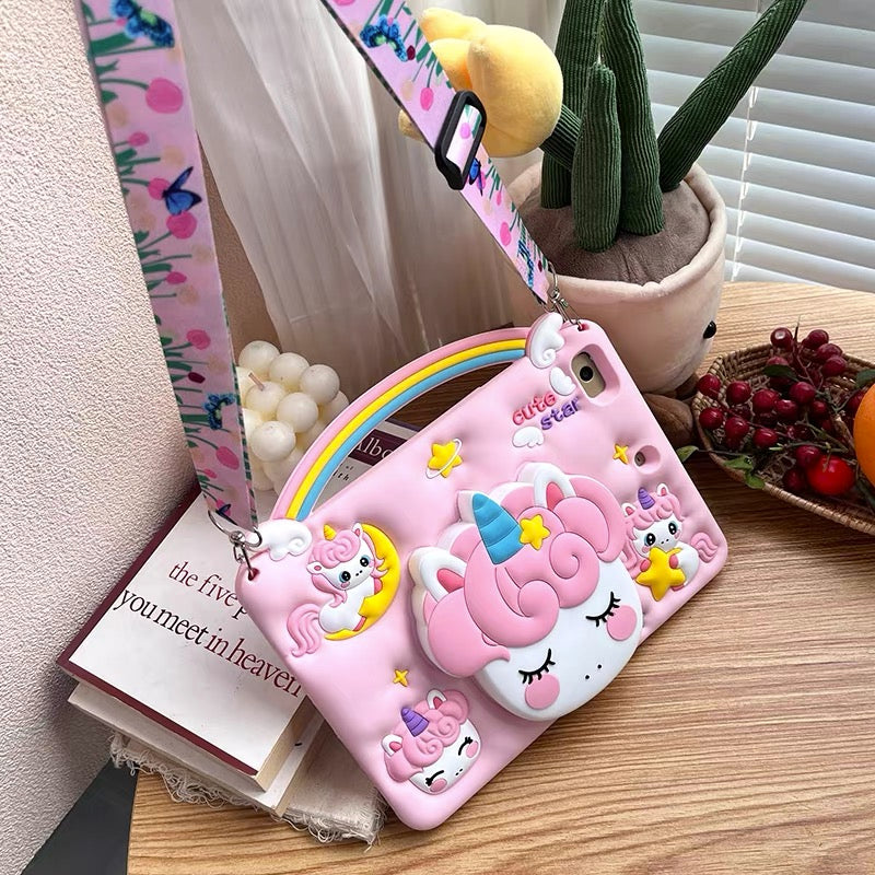 Cartoon iPad Case for Kids + Lanyard