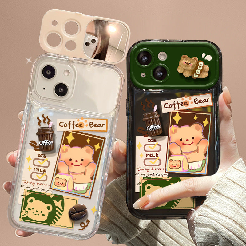 Phone case with a flip-out mirror and a Butter Bear plush charm.