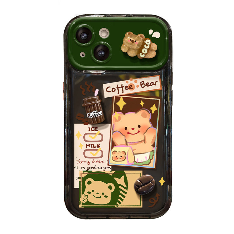 Phone case with a flip-out mirror and a Butter Bear plush charm.