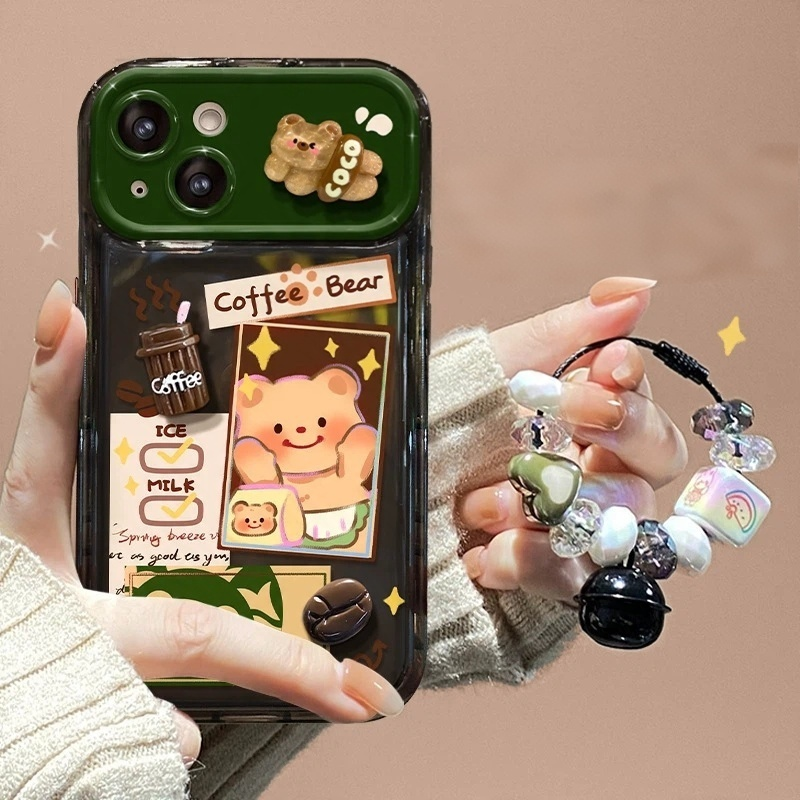 Phone case with a flip-out mirror and a Butter Bear plush charm.