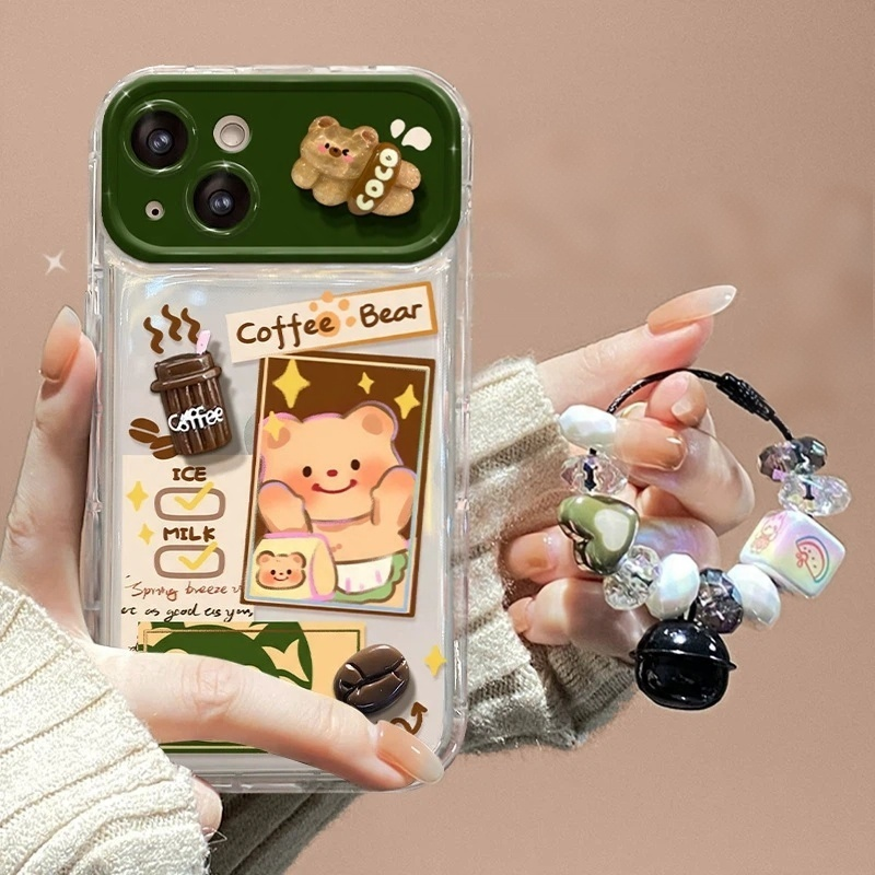 Phone case with a flip-out mirror and a Butter Bear plush charm.