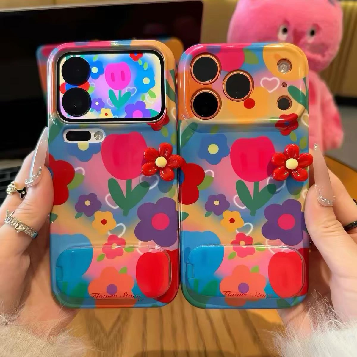 Dopamine-style 3D floral mirror-stand phone case