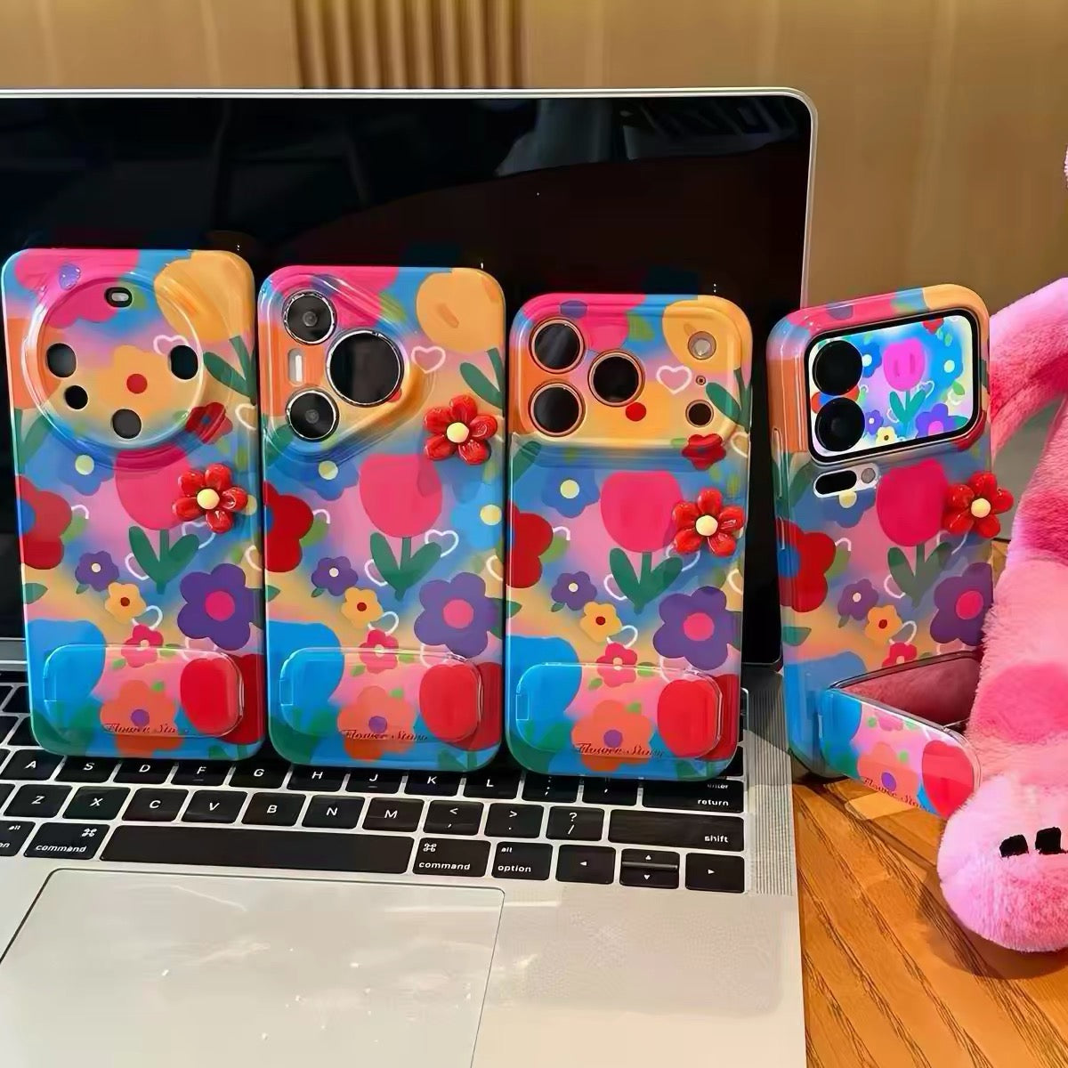 Dopamine-style 3D floral mirror-stand phone case
