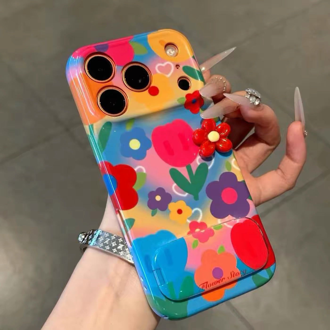 Dopamine-style 3D floral mirror-stand phone case