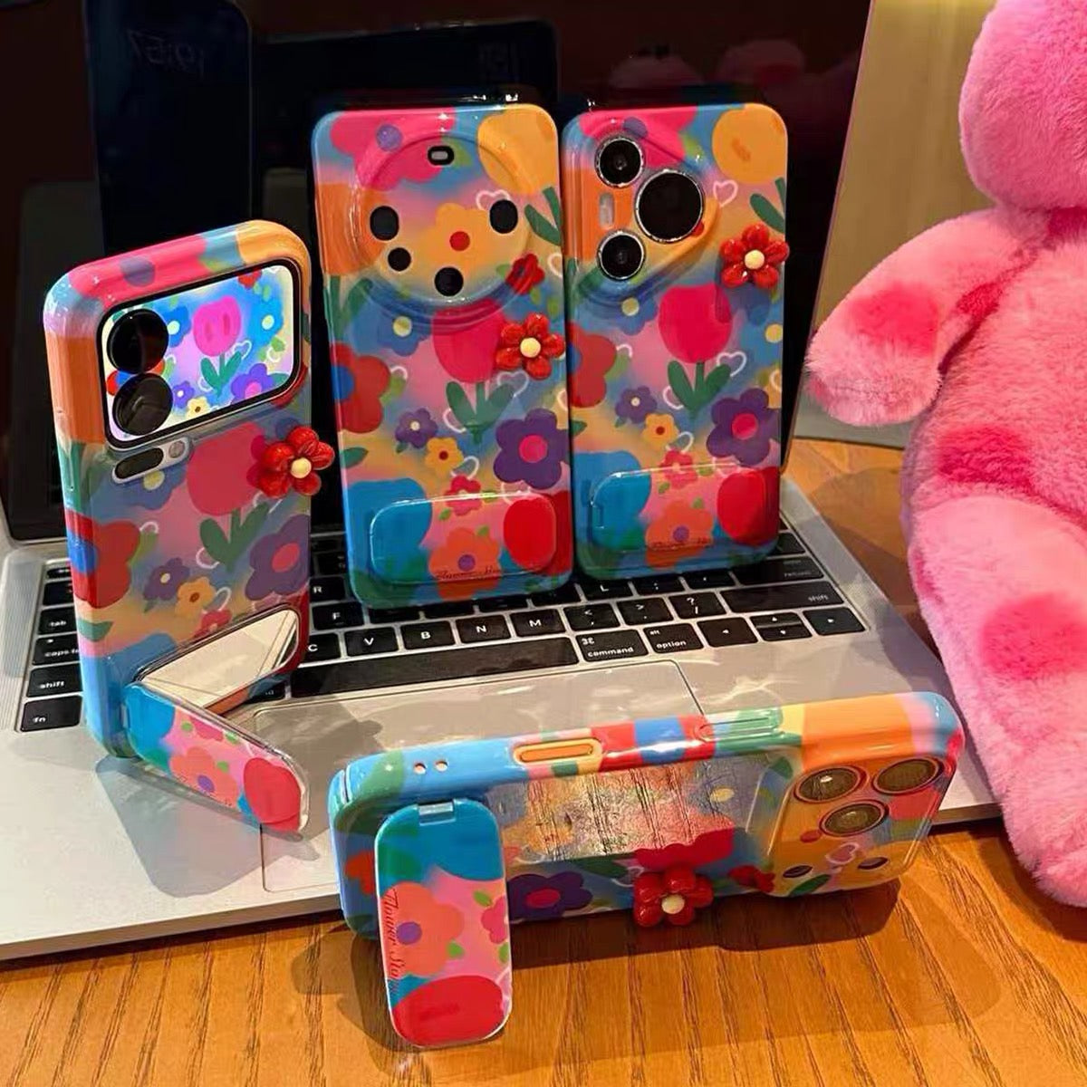 Dopamine-style 3D floral mirror-stand phone case