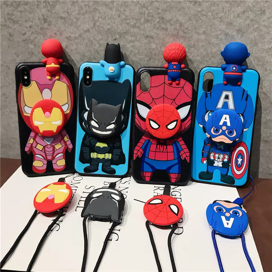 Cartoon Spider-Man, Iron Man, and Batman Phone Case with Kickstand and Lanyard