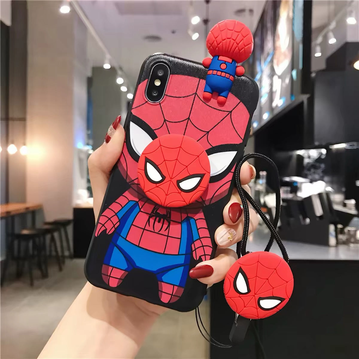 Cartoon Spider-Man, Iron Man, and Batman Phone Case with Kickstand and Lanyard