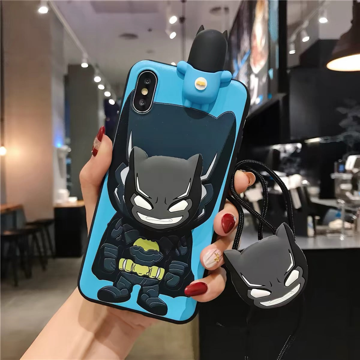 Cartoon Spider-Man, Iron Man, and Batman Phone Case with Kickstand and Lanyard