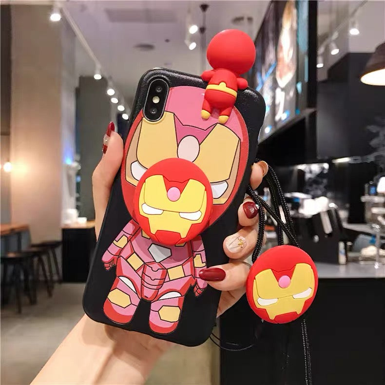 Cartoon Spider-Man, Iron Man, and Batman Phone Case with Kickstand and Lanyard