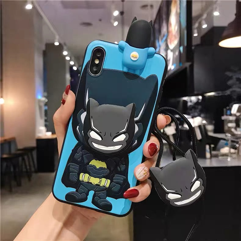 Cartoon Spider-Man, Iron Man, and Batman Phone Case with Kickstand and Lanyard