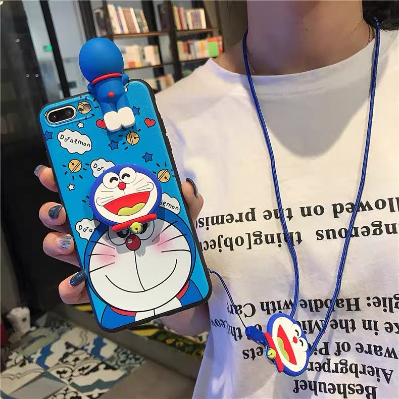 Cartoon Spider-Man, Iron Man, and Batman Phone Case with Kickstand and Lanyard