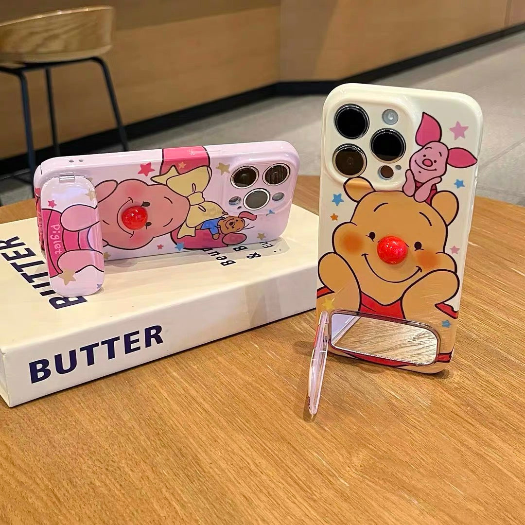 Couple's Red-Nosed Winnie the Pooh & Piglet Phone Case with Mirror Stand