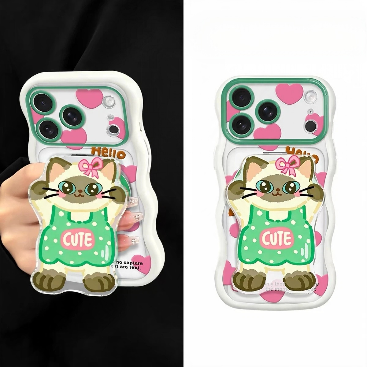 Heart-patterned cat stand phone case