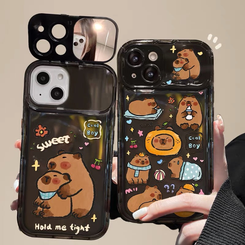 Capybara Pendant Phone Case with Flip-Out Mirror