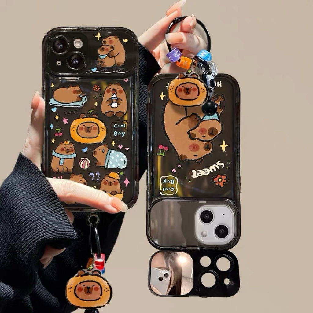 Capybara Pendant Phone Case with Flip-Out Mirror