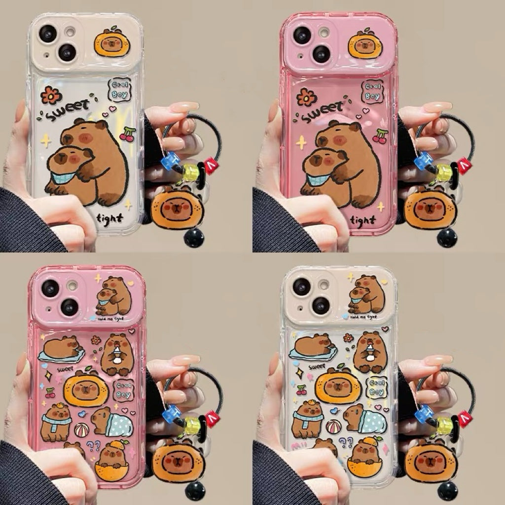Capybara Pendant Phone Case with Flip-Out Mirror