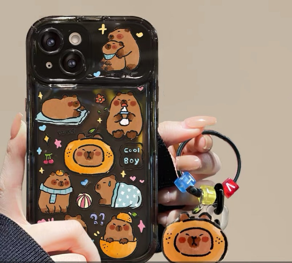 Capybara Pendant Phone Case with Flip-Out Mirror