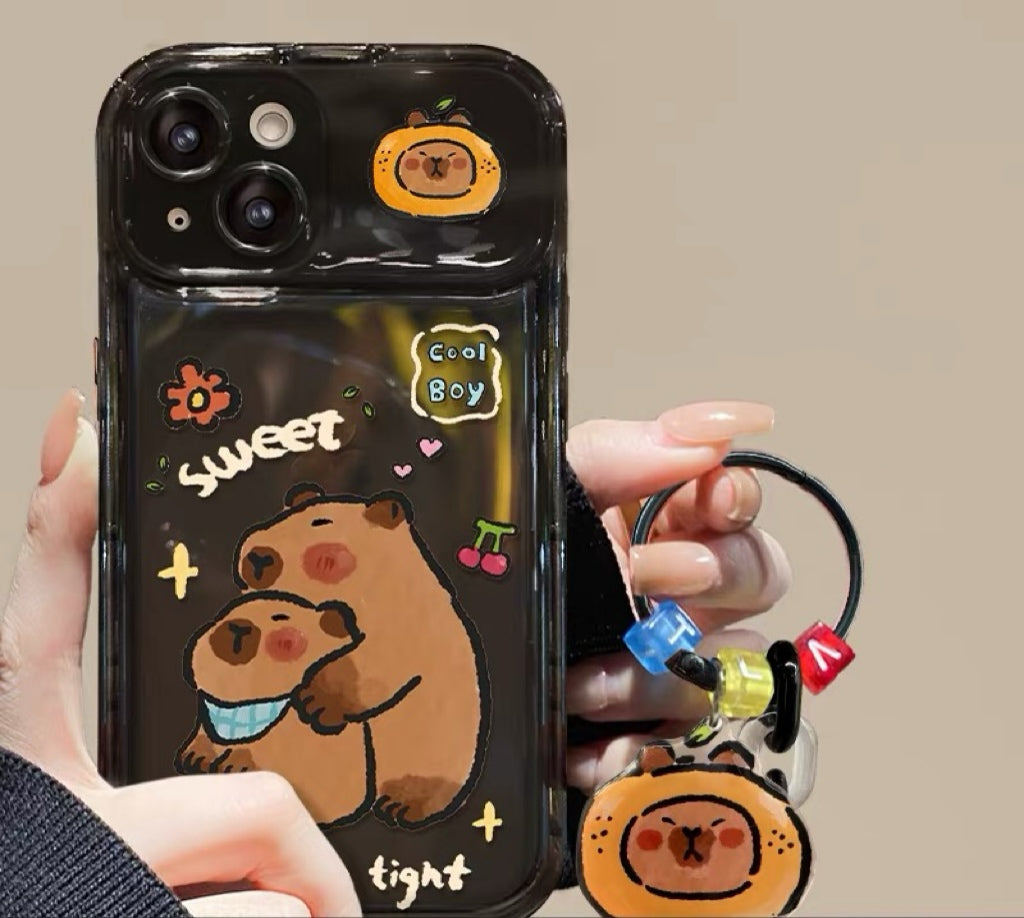Capybara Pendant Phone Case with Flip-Out Mirror