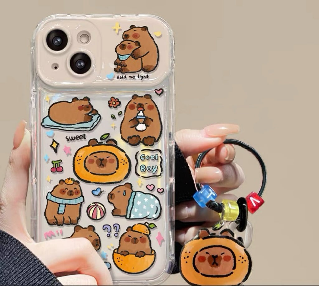 Capybara Pendant Phone Case with Flip-Out Mirror