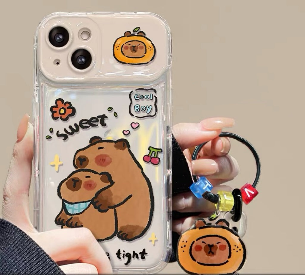 Capybara Pendant Phone Case with Flip-Out Mirror
