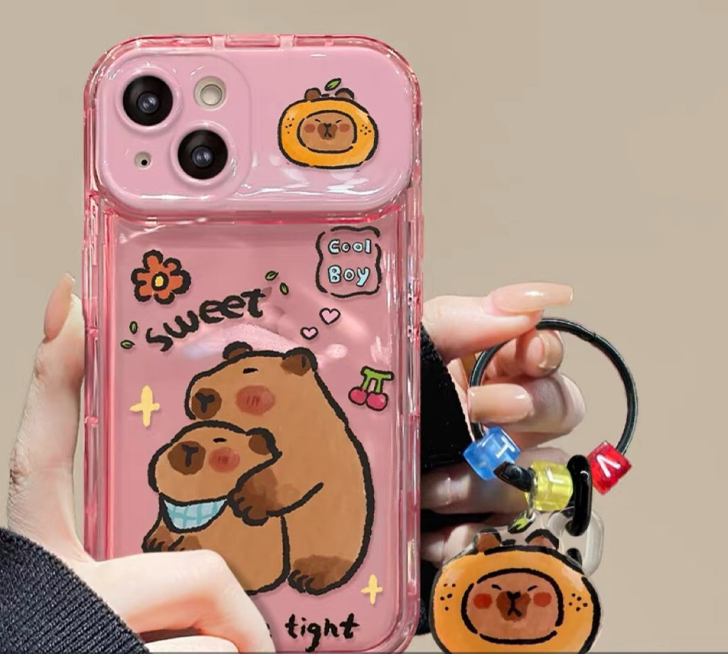 Capybara Pendant Phone Case with Flip-Out Mirror