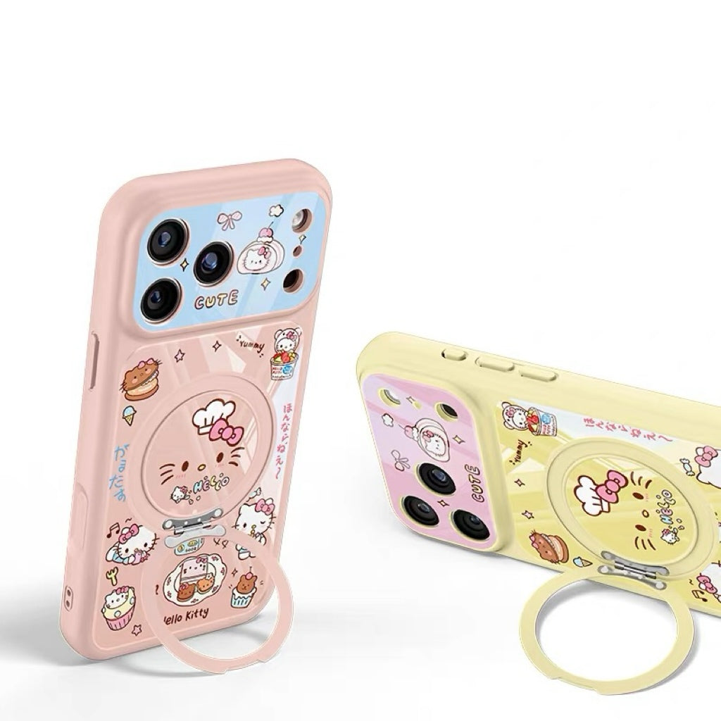 Dessert-themed rotating stand phone case with a cat design