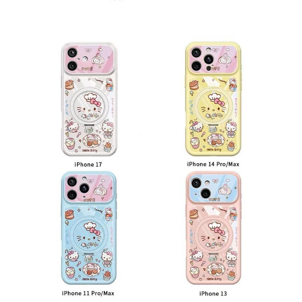 Dessert-themed rotating stand phone case with a cat design