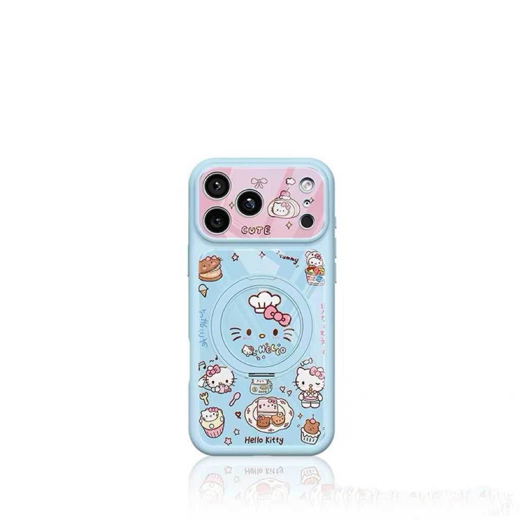 Dessert-themed rotating stand phone case with a cat design