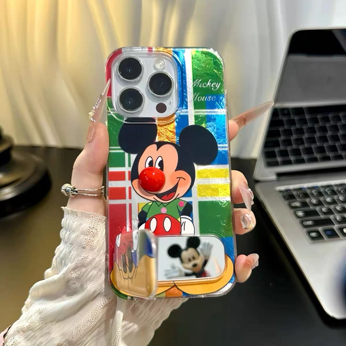 Color-block Mickey Clown Mirror Stand Phone Case