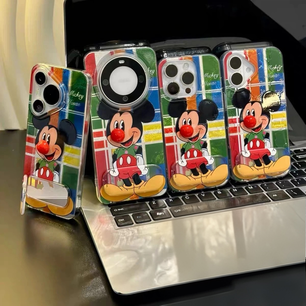 Color-block Mickey Clown Mirror Stand Phone Case