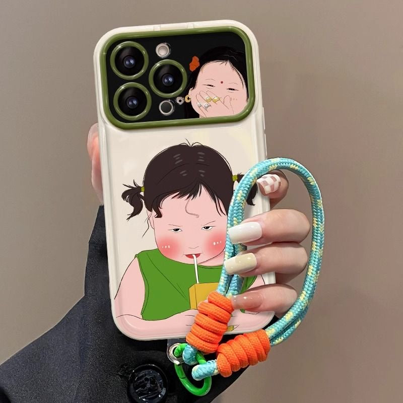 Cute Tea-Drinking Girl Flip-Mirror Phone Case with Lanyard