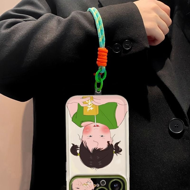 Cute Tea-Drinking Girl Flip-Mirror Phone Case with Lanyard