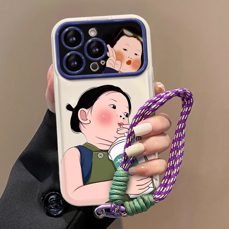 Cute Tea-Drinking Girl Flip-Mirror Phone Case with Lanyard