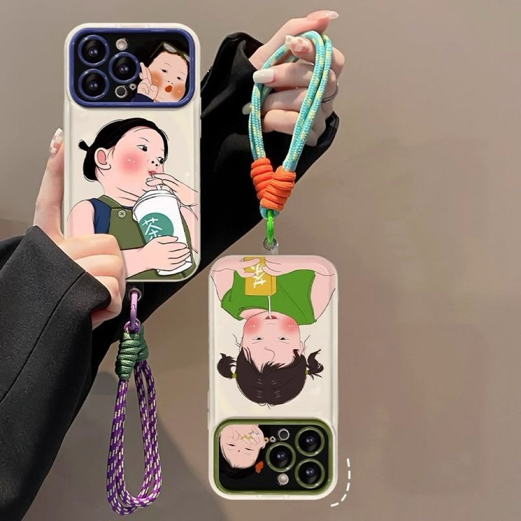 Cute Tea-Drinking Girl Flip-Mirror Phone Case with Lanyard