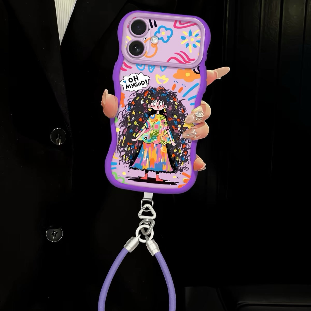 Colorful messy-haired girl + phone case with lanyard
