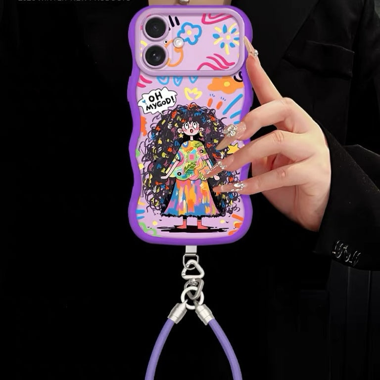 Colorful messy-haired girl + phone case with lanyard