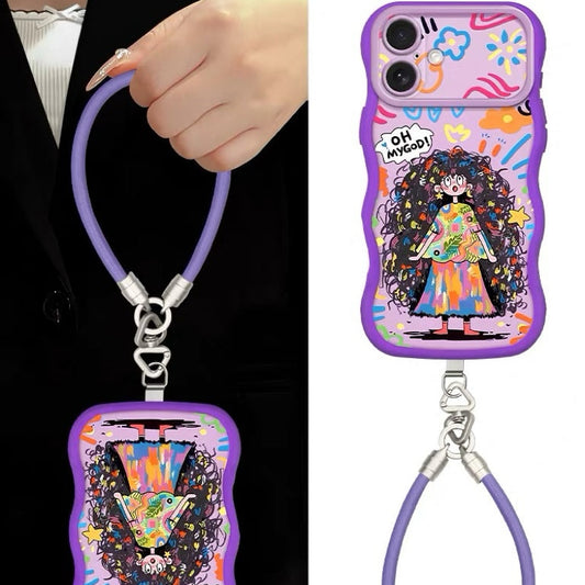 Colorful messy-haired girl + phone case with lanyard